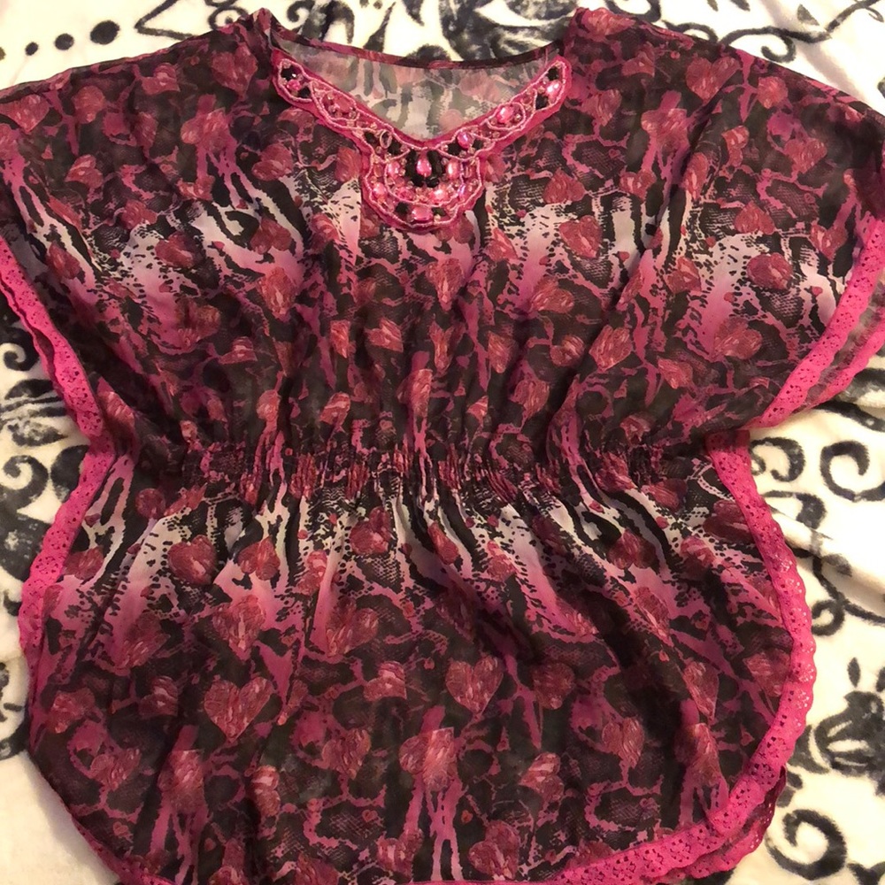 Heart print see through pink shirt